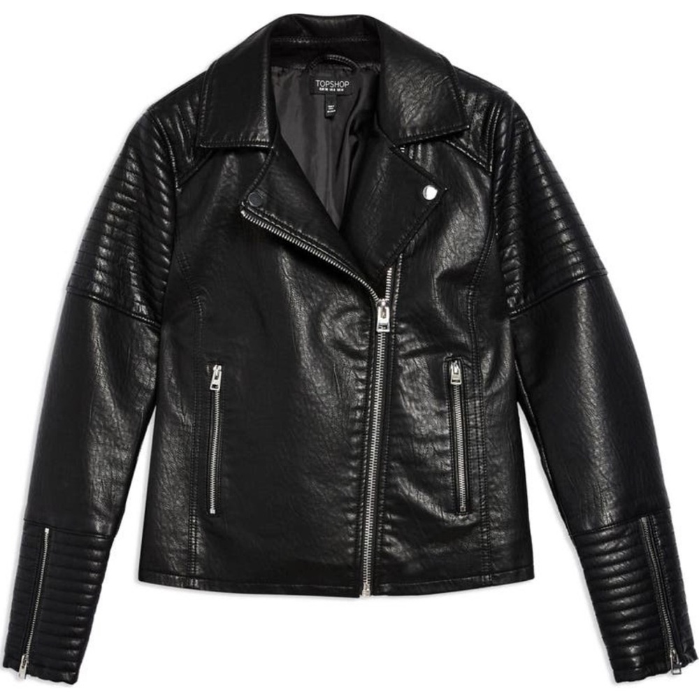 Topshop Rosa Biker Jacket - Faux Leather - Black - Size 10